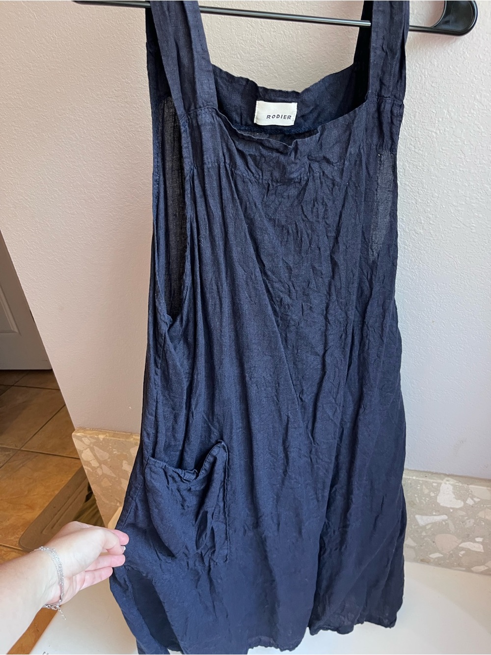 Rodier Italian Linen Navy Blue Sleeveless Dress with Front Pocket Large